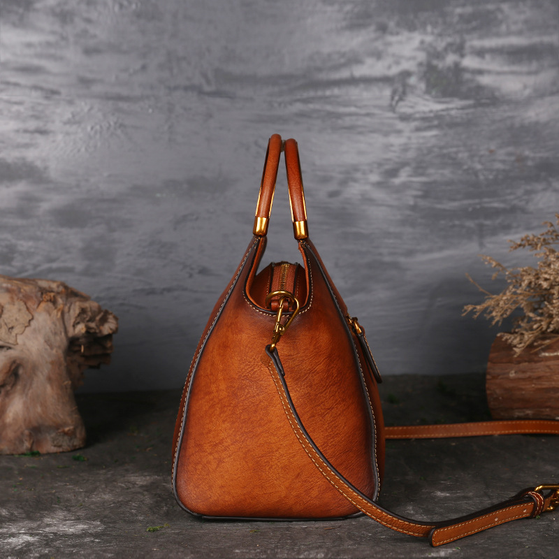Genuine Embossed Leather Messenger Top Handle Bag Retro Handbag Totem Pattern Natural Skin