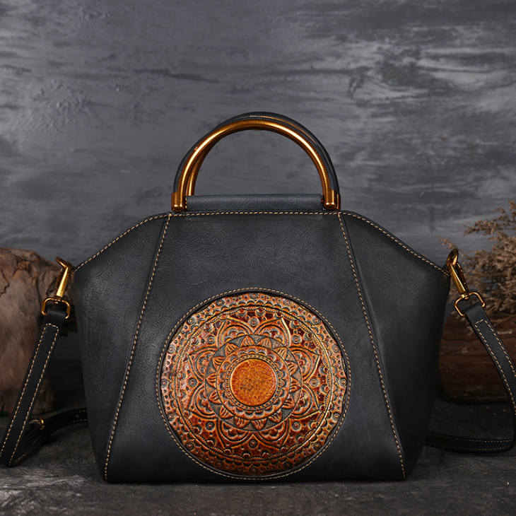 Genuine Embossed Leather Messenger Top Handle Bag Retro Handbag Totem Pattern Natural Skin