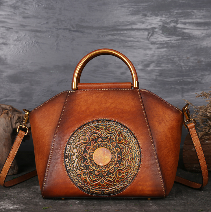 Genuine Embossed Leather Messenger Top Handle Bag Retro Handbag Totem Pattern Natural Skin