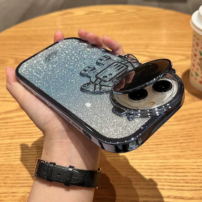 Glitter Astronaut Camera Stand Phone Case For 13 12 11 Pro Max XR 14 Plus Invisible Lens