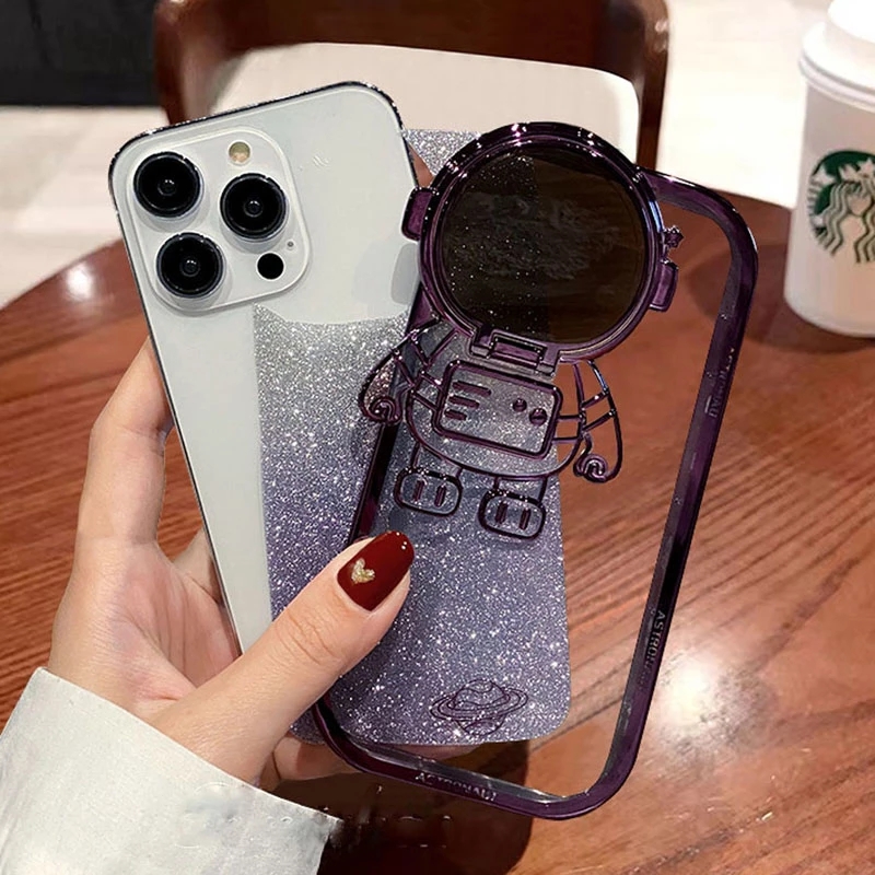 Glitter Astronaut Camera Stand Phone Case For 13 12 11 Pro Max XR 14 Plus Invisible Lens