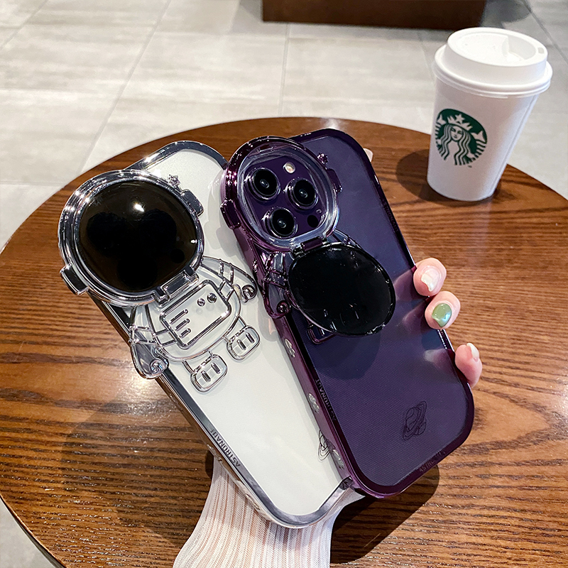 Glitter Astronaut Camera Stand Phone Case For 13 12 11 Pro Max XR 14 Plus Invisible Lens
