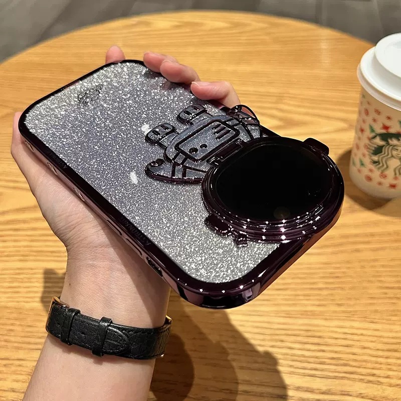 Glitter Astronaut Camera Stand Phone Case For 13 12 11 Pro Max XR 14 Plus Invisible Lens