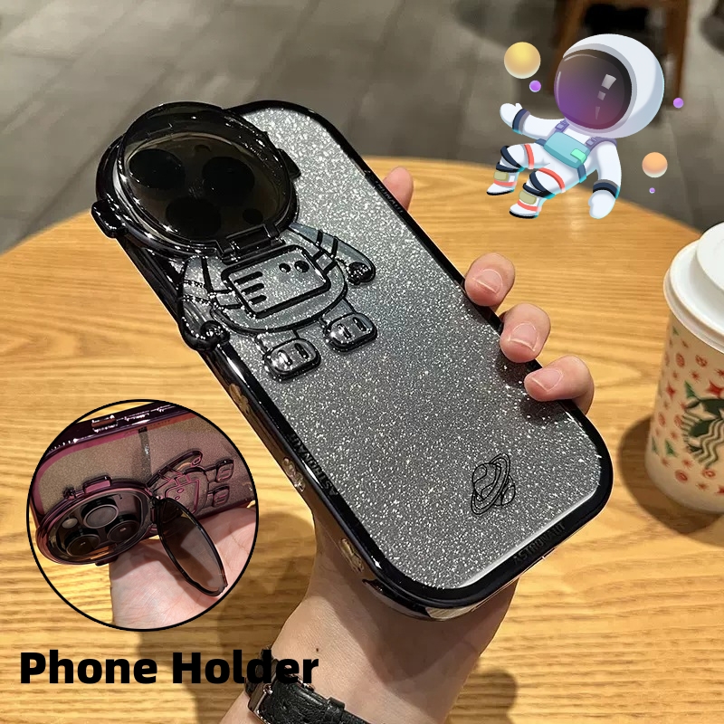 Glitter Astronaut Camera Stand Phone Case For 13 12 11 Pro Max XR 14 Plus Invisible Lens