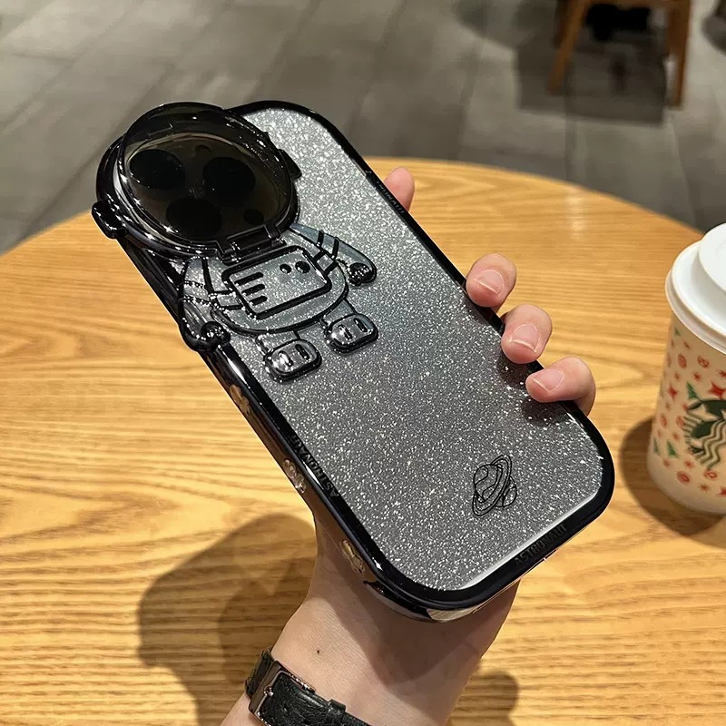 Glitter Astronaut Camera Stand Phone Case For 13 12 11 Pro Max XR 14 Plus Invisible Lens