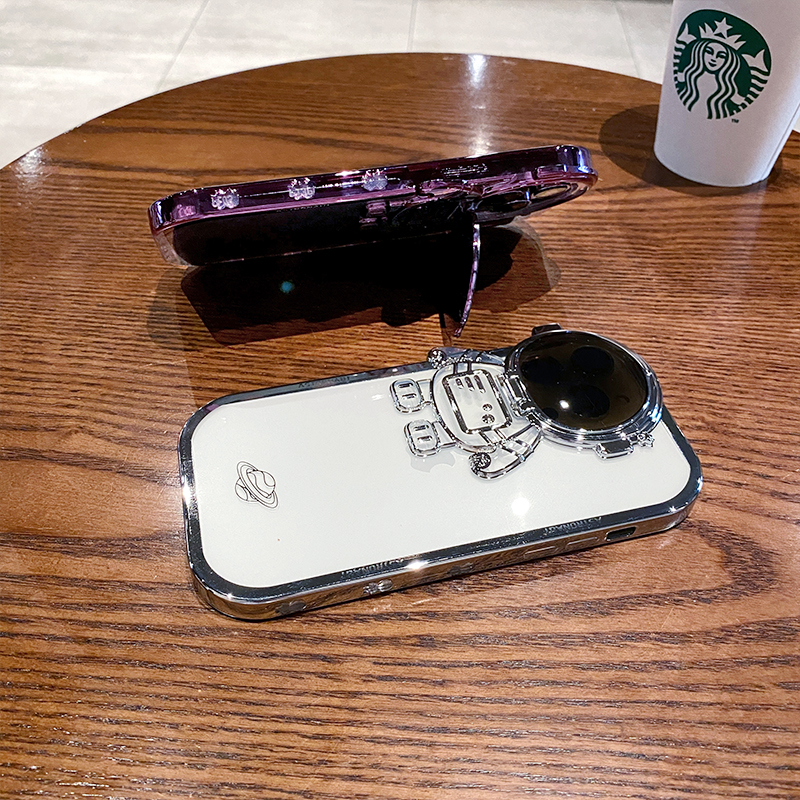 Glitter Astronaut Camera Stand Phone Case For 13 12 11 Pro Max XR 14 Plus Invisible Lens