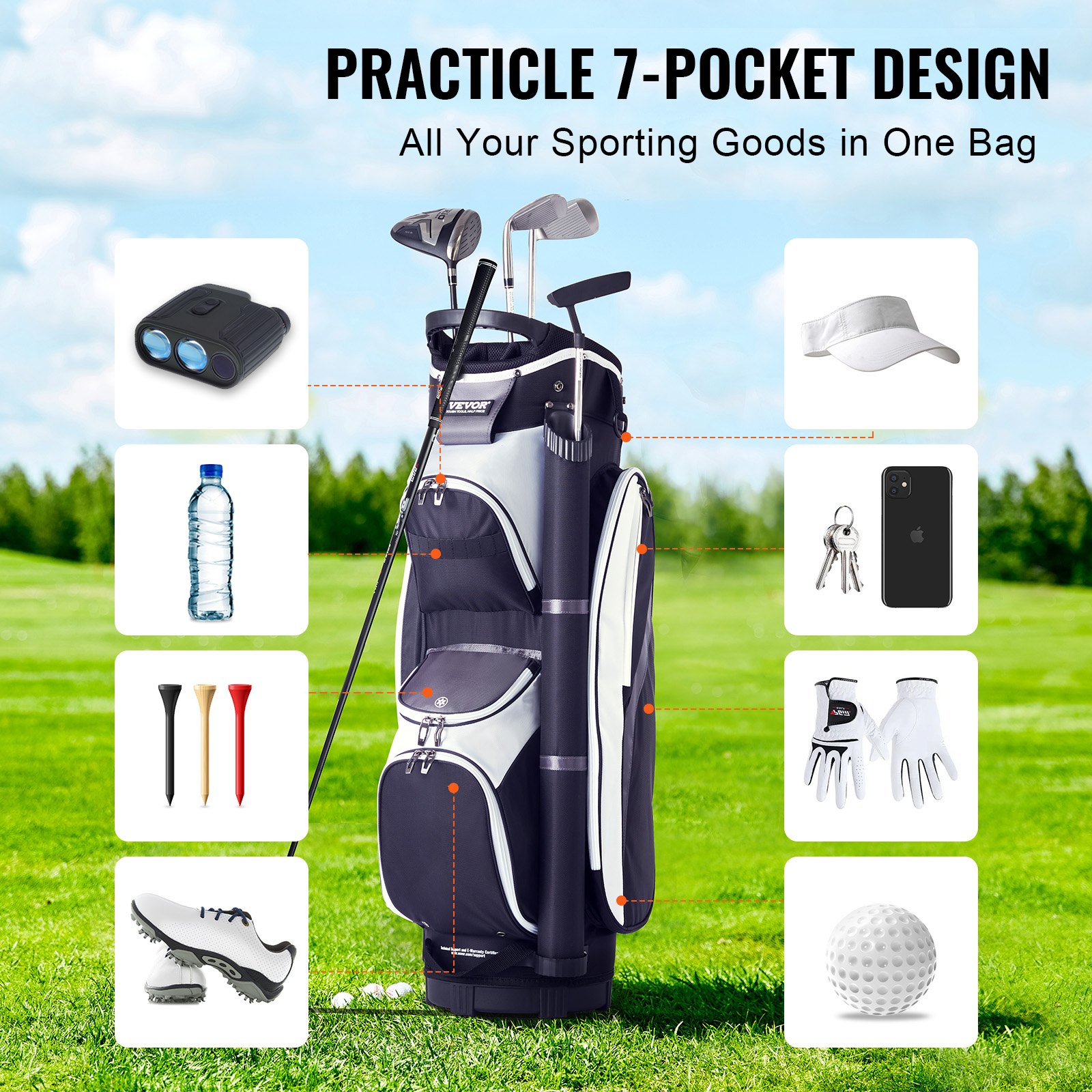 Golf Cart Bag With 14 Way Organizer Divider Top, 36” Multiple Pockets Premium Nylon Cart