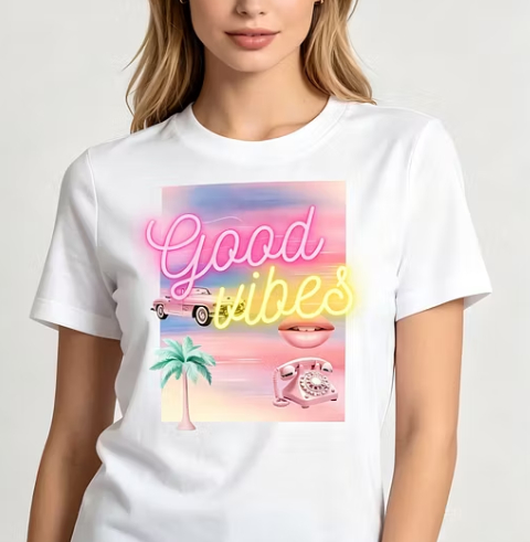 Good Vibes Neon Graphic T-Shirt 80s Retro Vaporwave Tee Vintage Car Rotary Phone Collage
