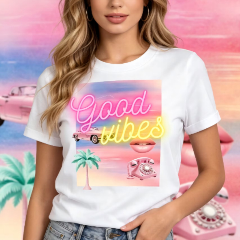Good Vibes Neon Graphic T-Shirt 80s Retro Vaporwave Tee Vintage Car Rotary Phone Collage