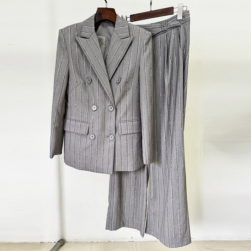 Grey Sequin Stripe Linen Blend Blazer & Wide Leg Pants Two-Piece Suit