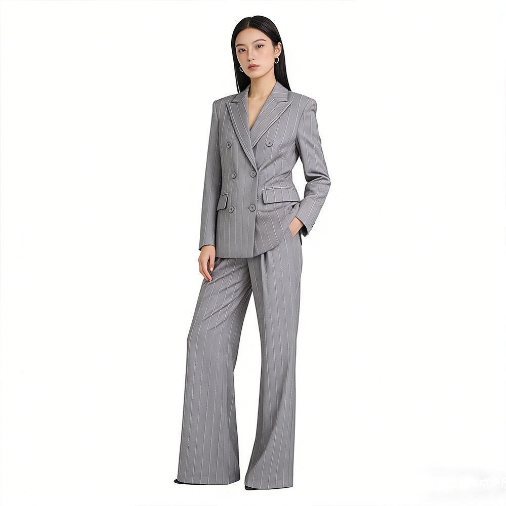 Grey Sequin Stripe Linen Blend Blazer & Wide Leg Pants Two-Piece Suit