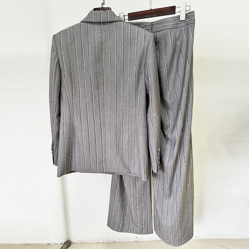 Grey Sequin Stripe Linen Blend Blazer & Wide Leg Pants Two-Piece Suit