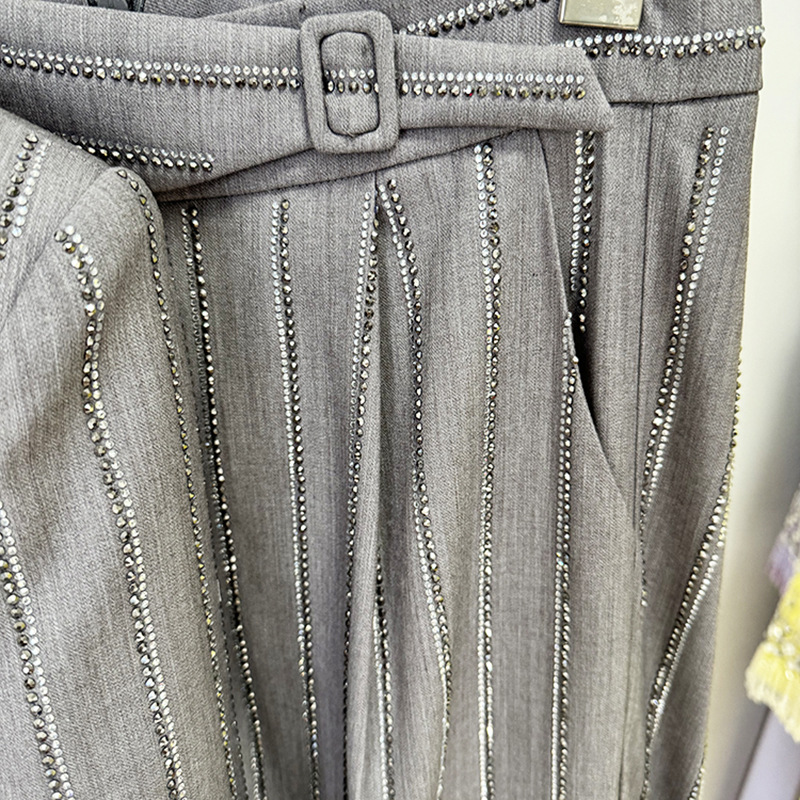 Grey Sequin Stripe Linen Blend Blazer & Wide Leg Pants Two-Piece Suit