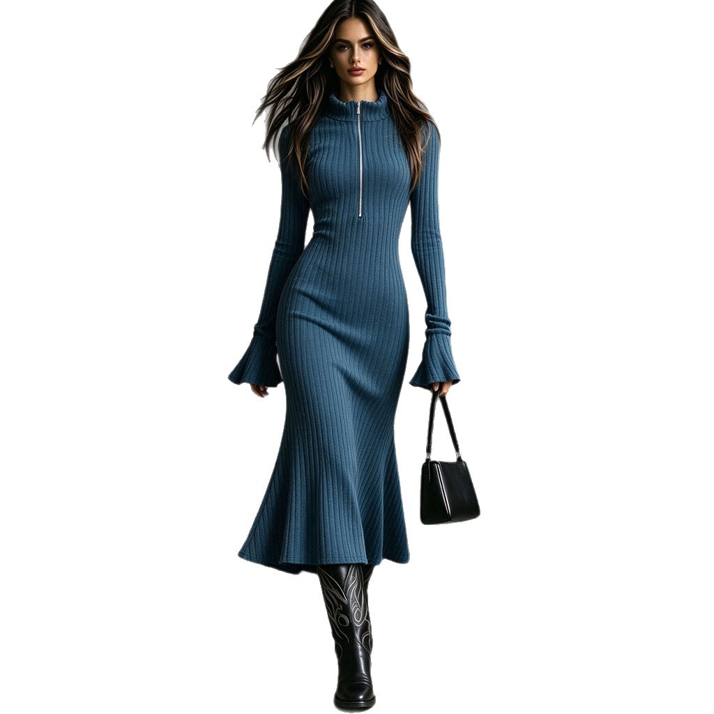 Half-high Neck Half-zip Ribbed Knit Dress