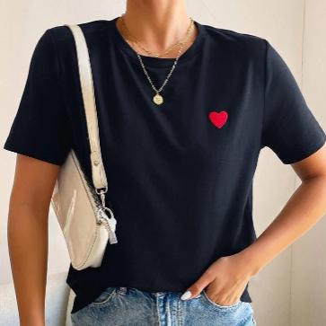 Heart-print Street-style Cotton Crew-neck With Regular Sleeves