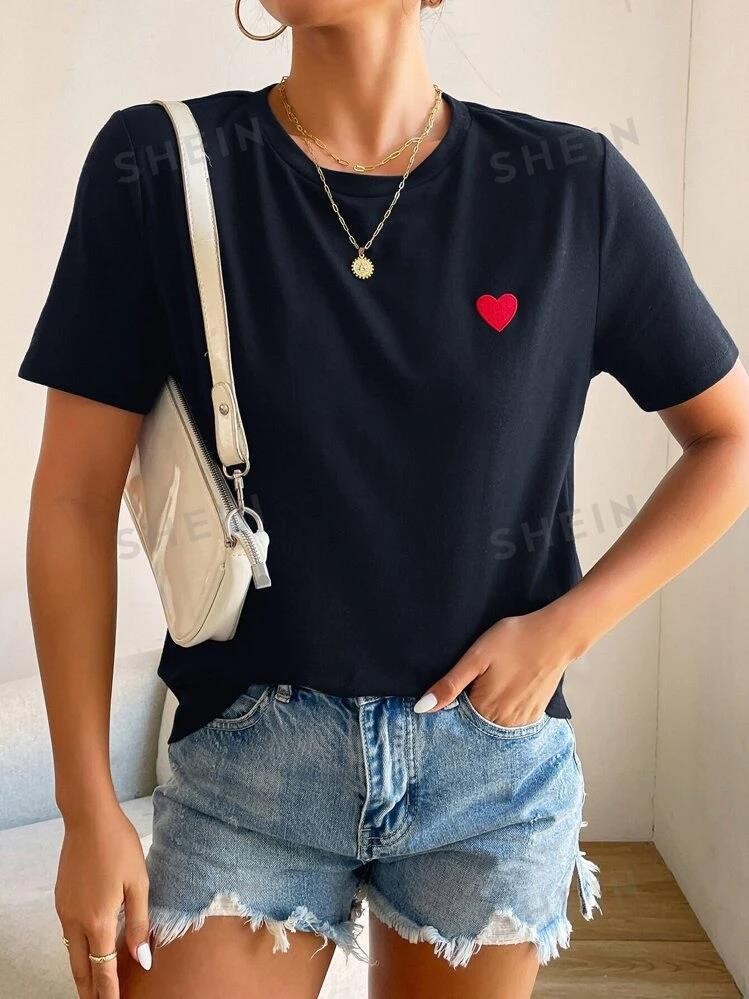 Heart-print Street-style Cotton Crew-neck With Regular Sleeves