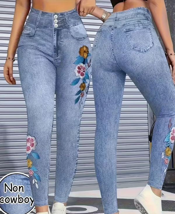 High Elasticity Machine Washable Faux Denim Floral Jeans