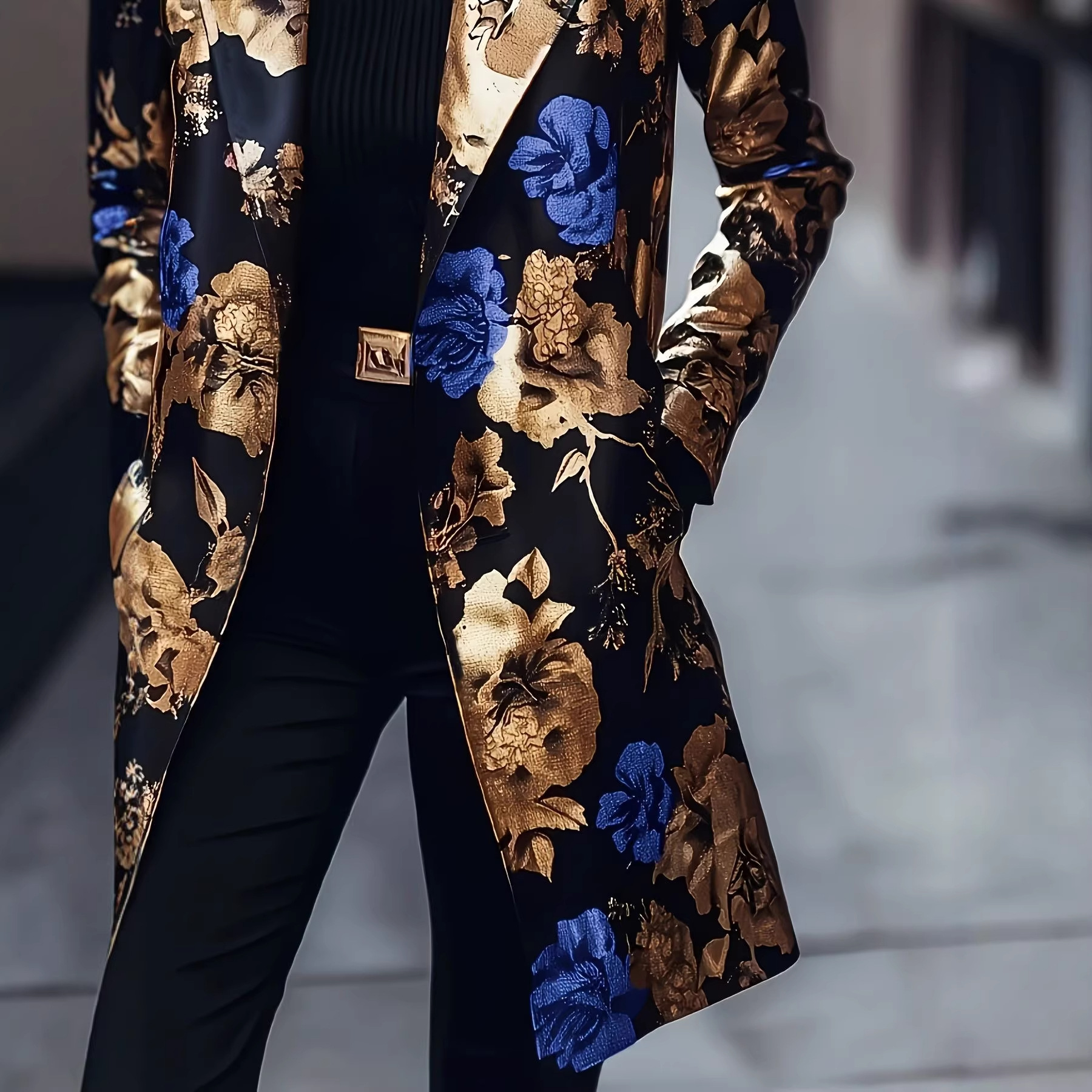 High-end Jacquard Design With A Black-and-gold Base And Blue Floral Pattern