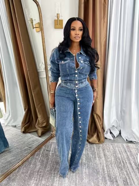 Set casual in due pezzi in denim lavato a doppio petto ad alta elasticità con bottoni sul davanti