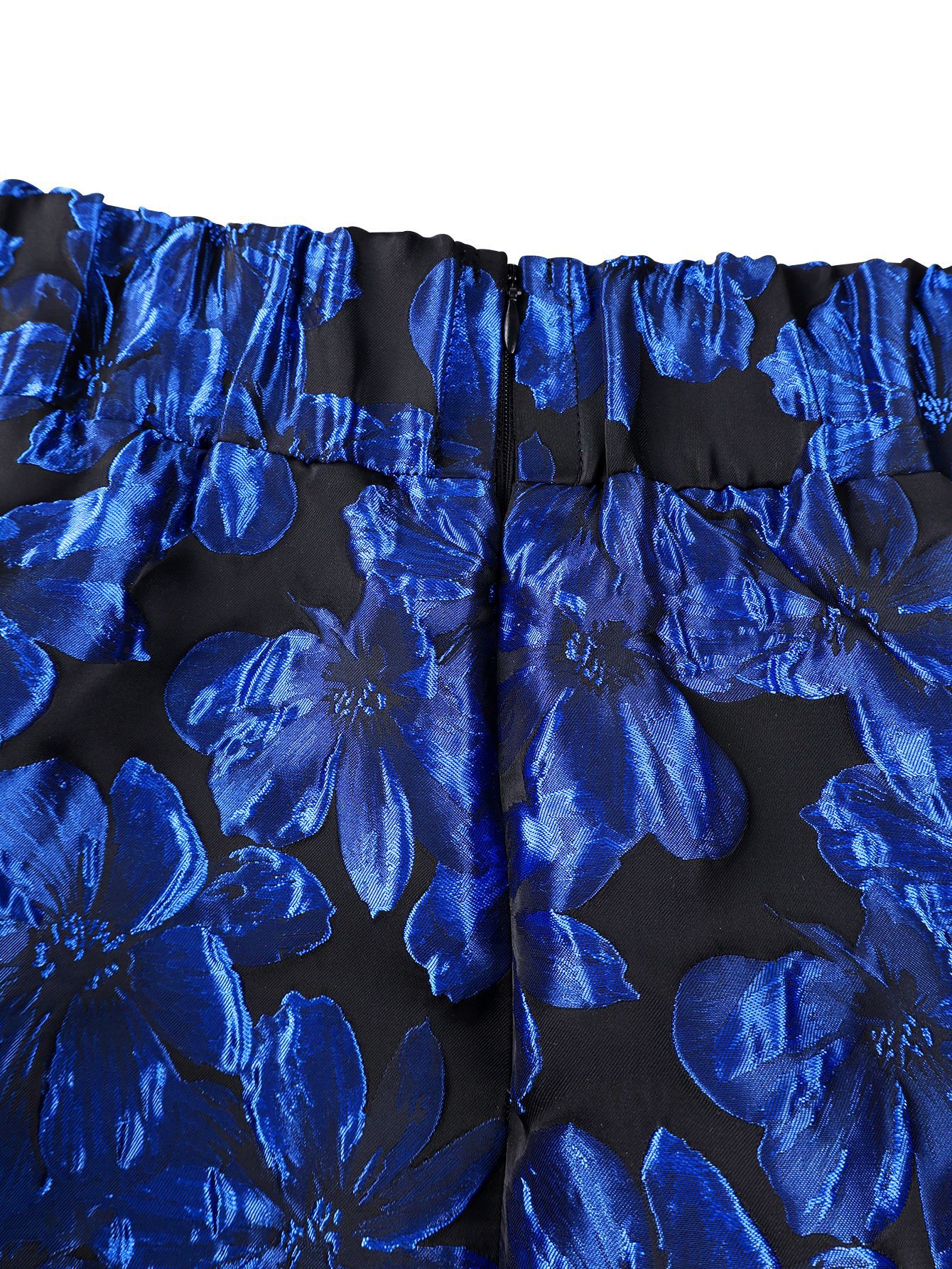 High-Waisted Royal Blue Floral Jacquard Pleated Maxi Skirt