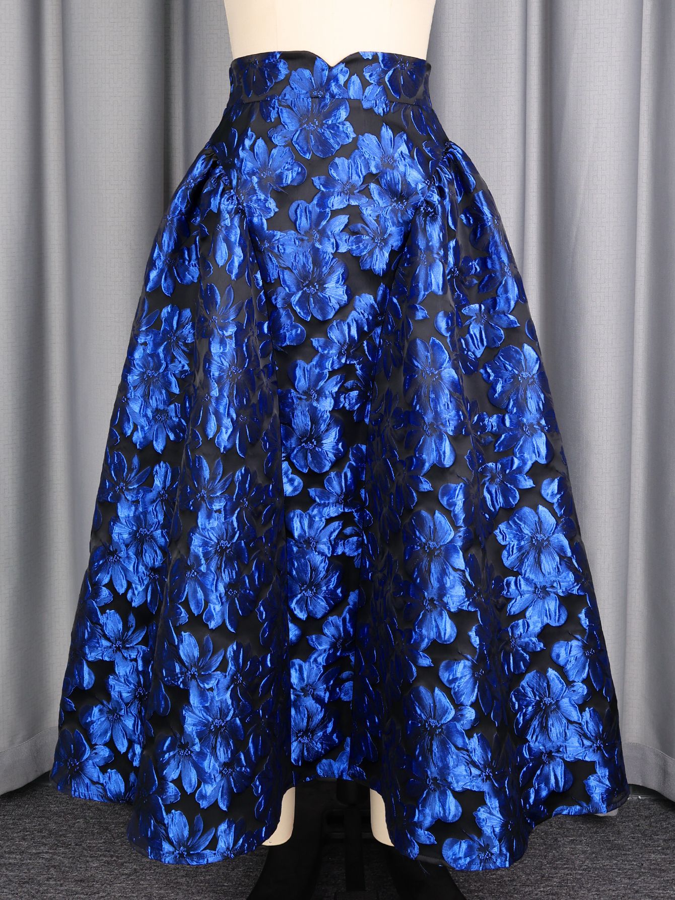 High-Waisted Royal Blue Floral Jacquard Pleated Maxi Skirt