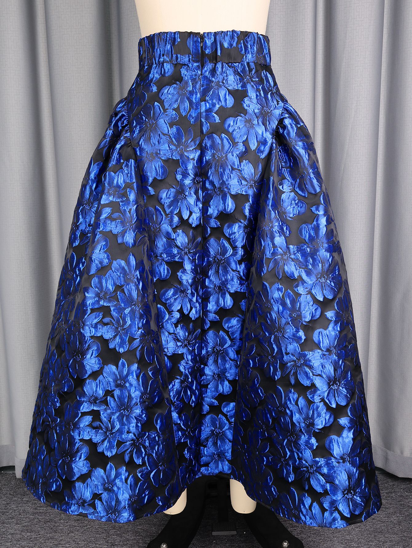 High-Waisted Royal Blue Floral Jacquard Pleated Maxi Skirt