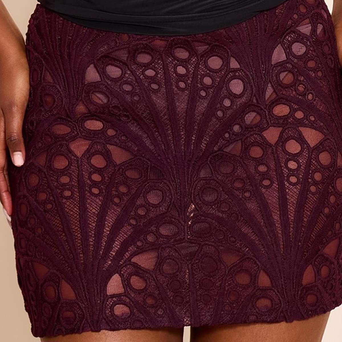 Hollow-out Mesh-lined Sexy Elastic Waist Skirt