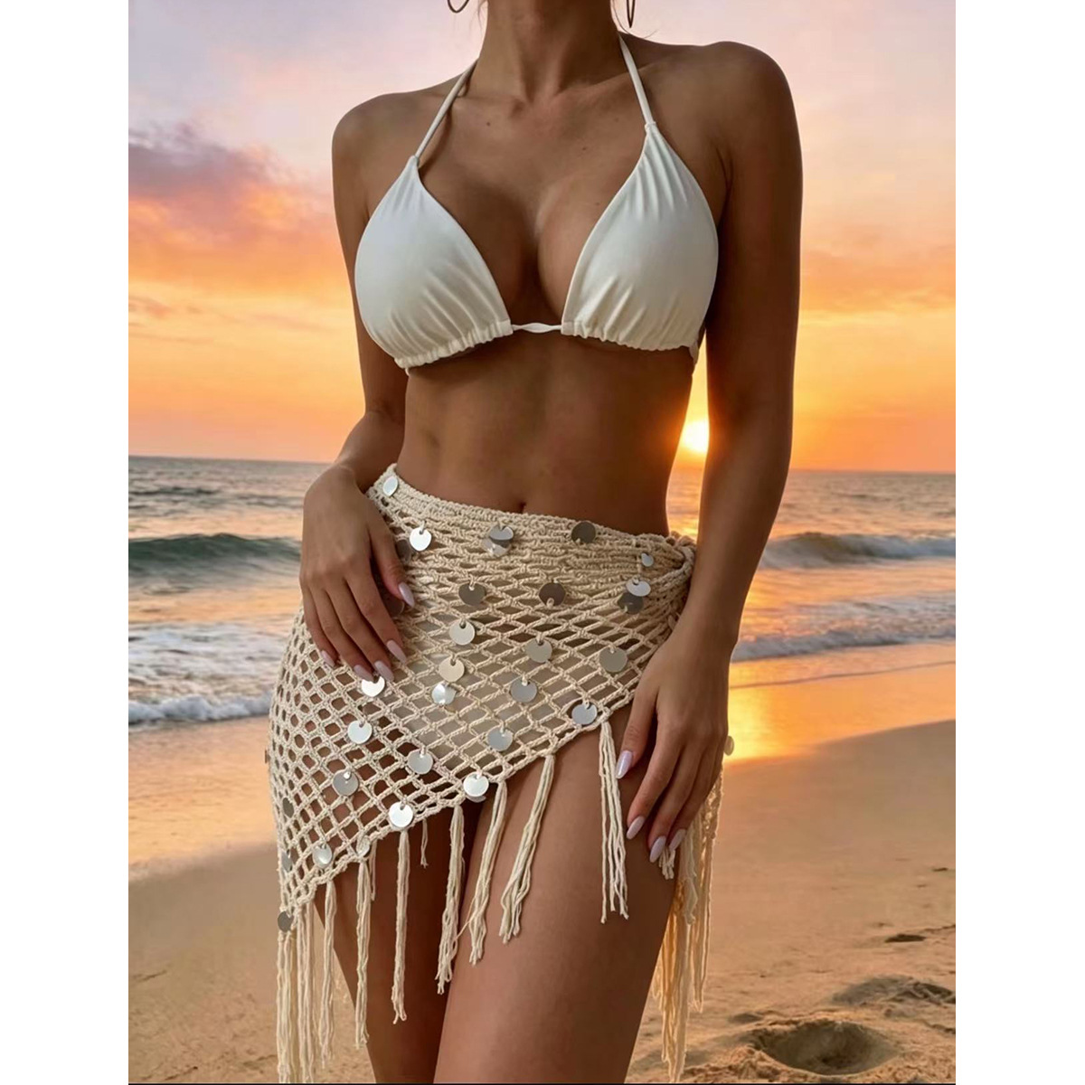 Hollow-out Sequin Hand-knitted Irregular Beach Skirt