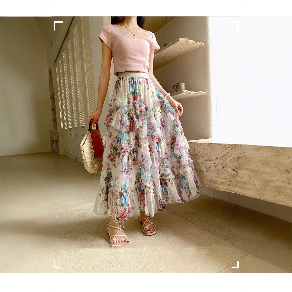 Irregularly Spliced Colorful Floral Mesh Skirt