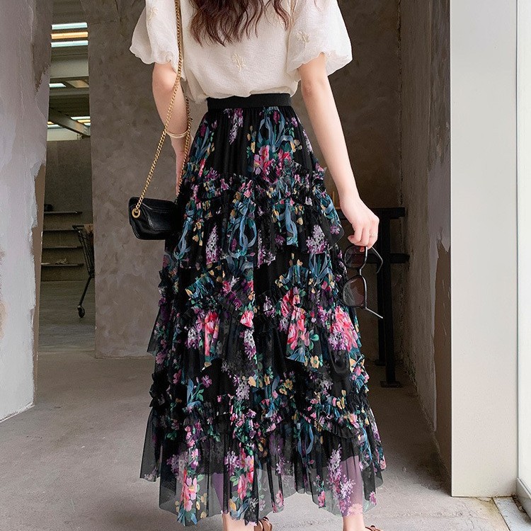 Irregularly Spliced Colorful Floral Mesh Skirt