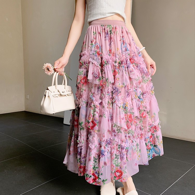 Irregularly Spliced Colorful Floral Mesh Skirt