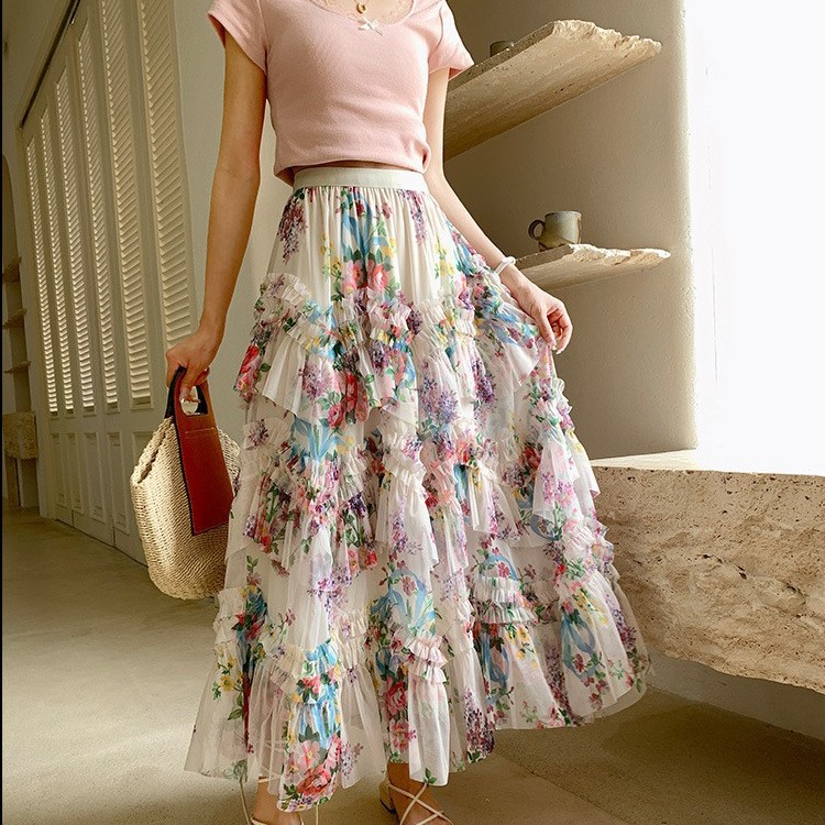 Irregularly Spliced Colorful Floral Mesh Skirt