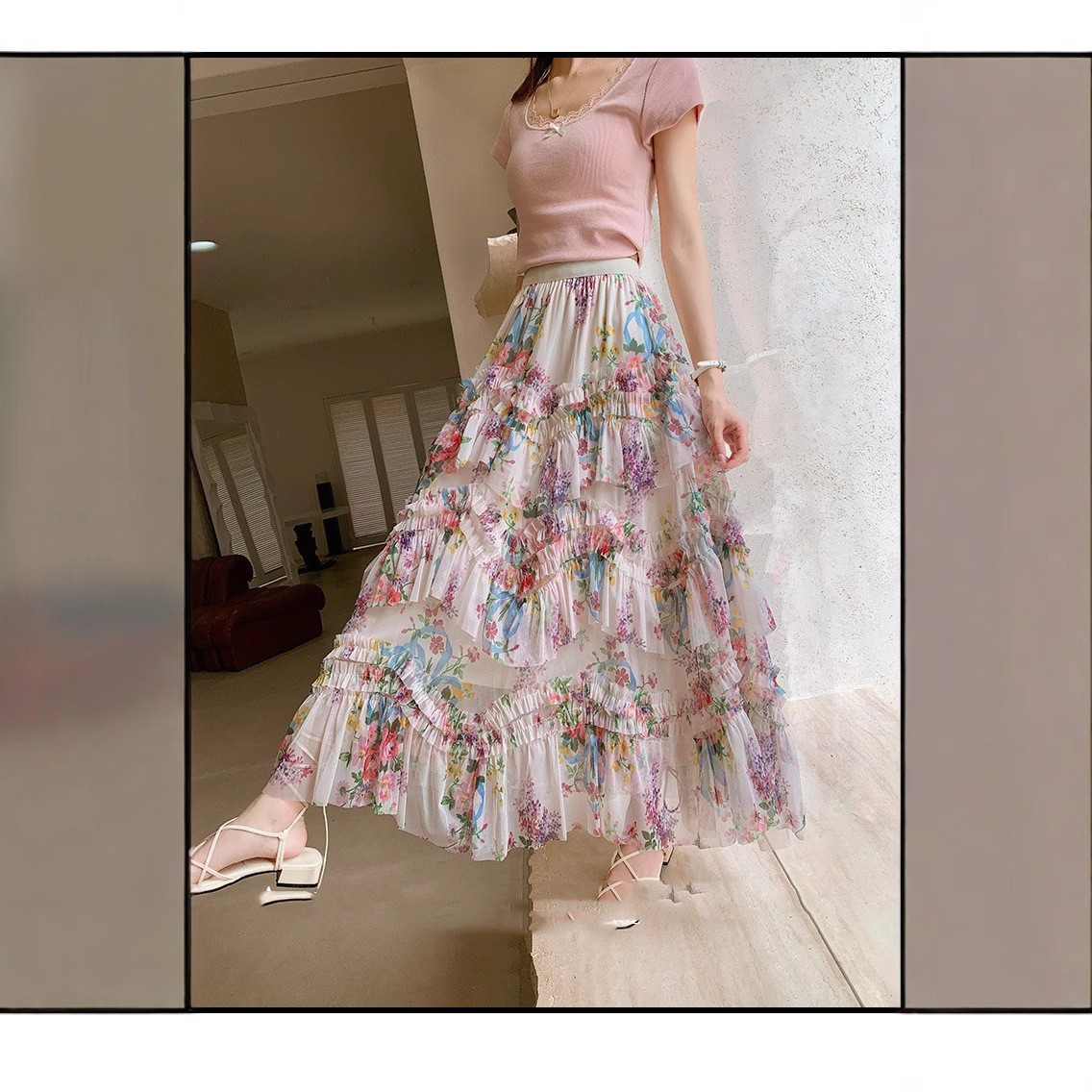 Irregularly Spliced Colorful Floral Mesh Skirt