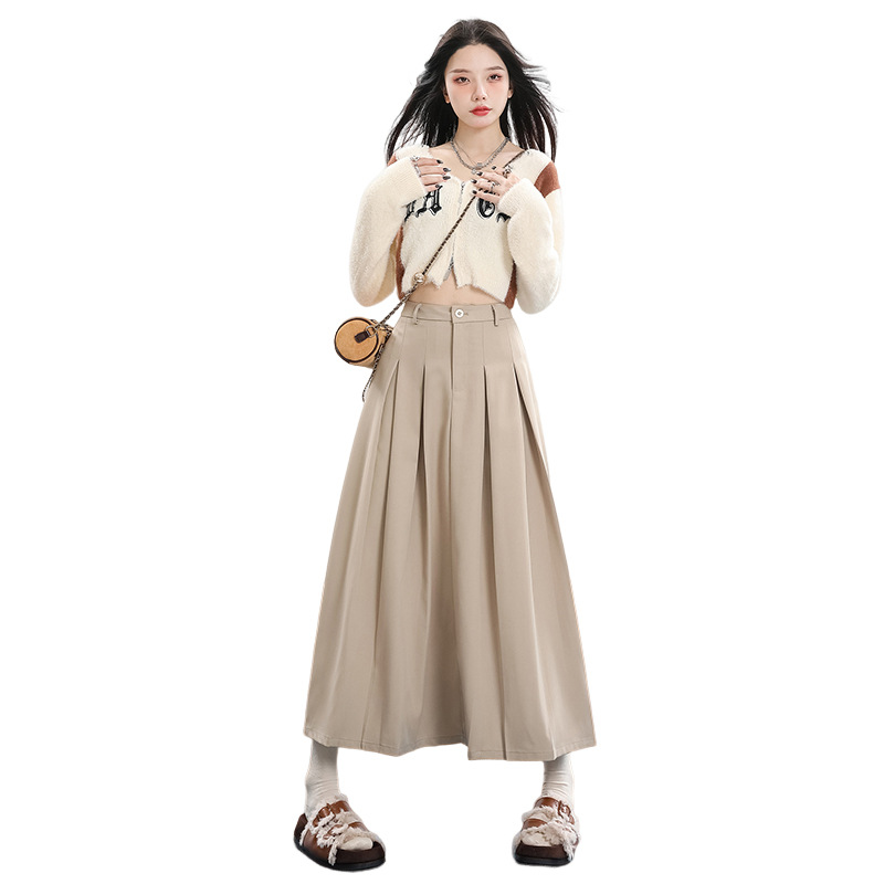 Khaki High-waisted Midi Pleated Skirt Womens Skirt