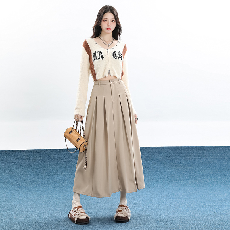 Khaki High-waisted Midi Pleated Skirt Womens Skirt