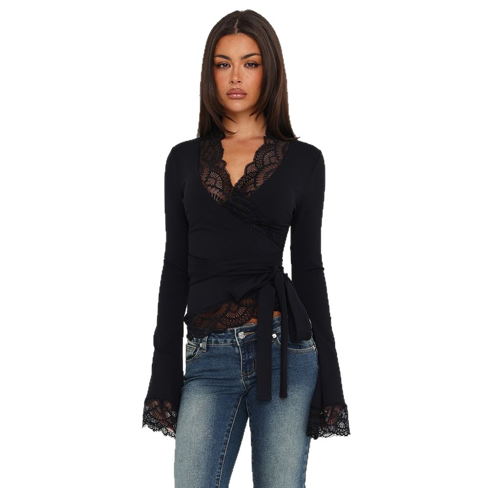 Lace-Panel V-Neck Lace-Up Long-Sleeve Top