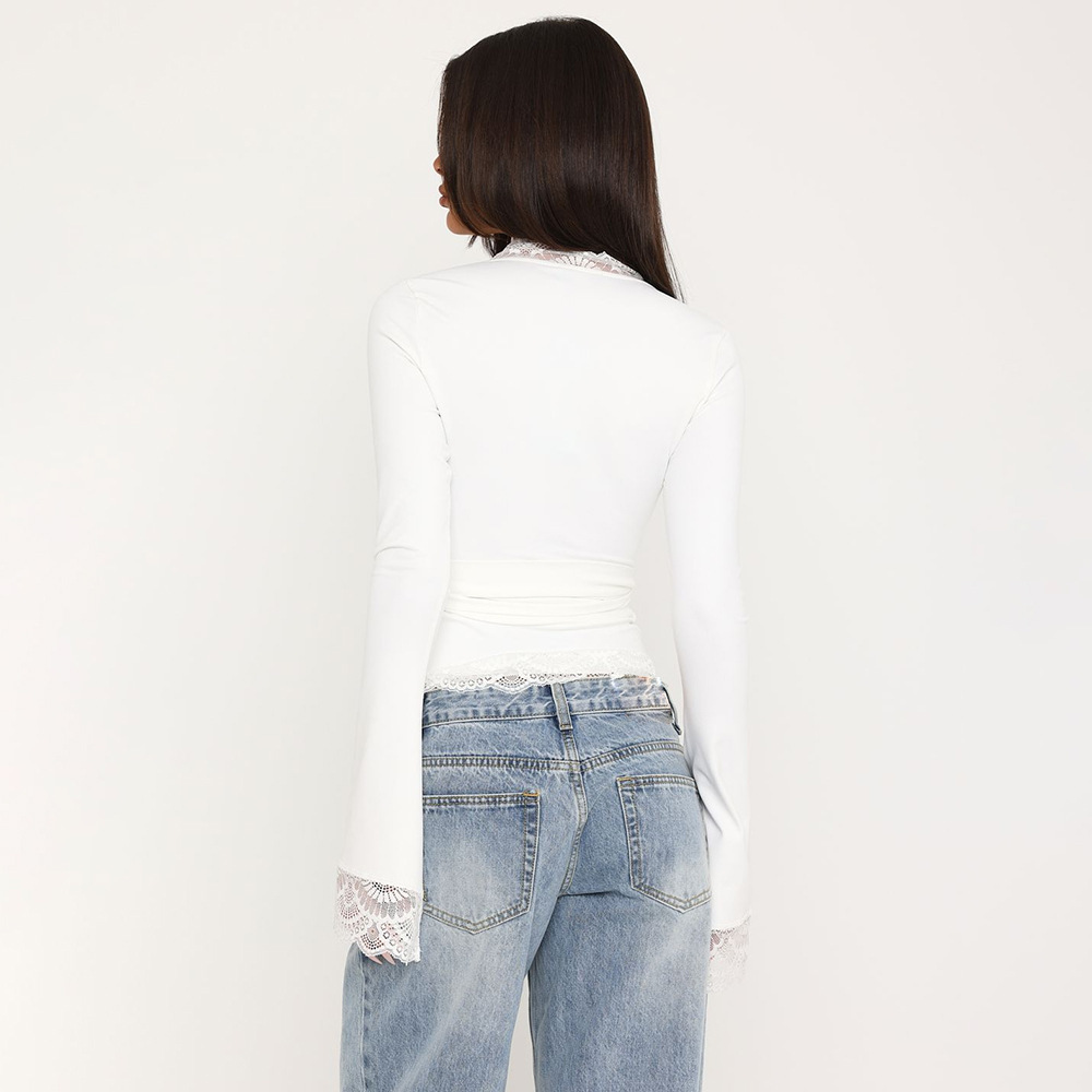 Lace-Panel V-Neck Lace-Up Long-Sleeve Top