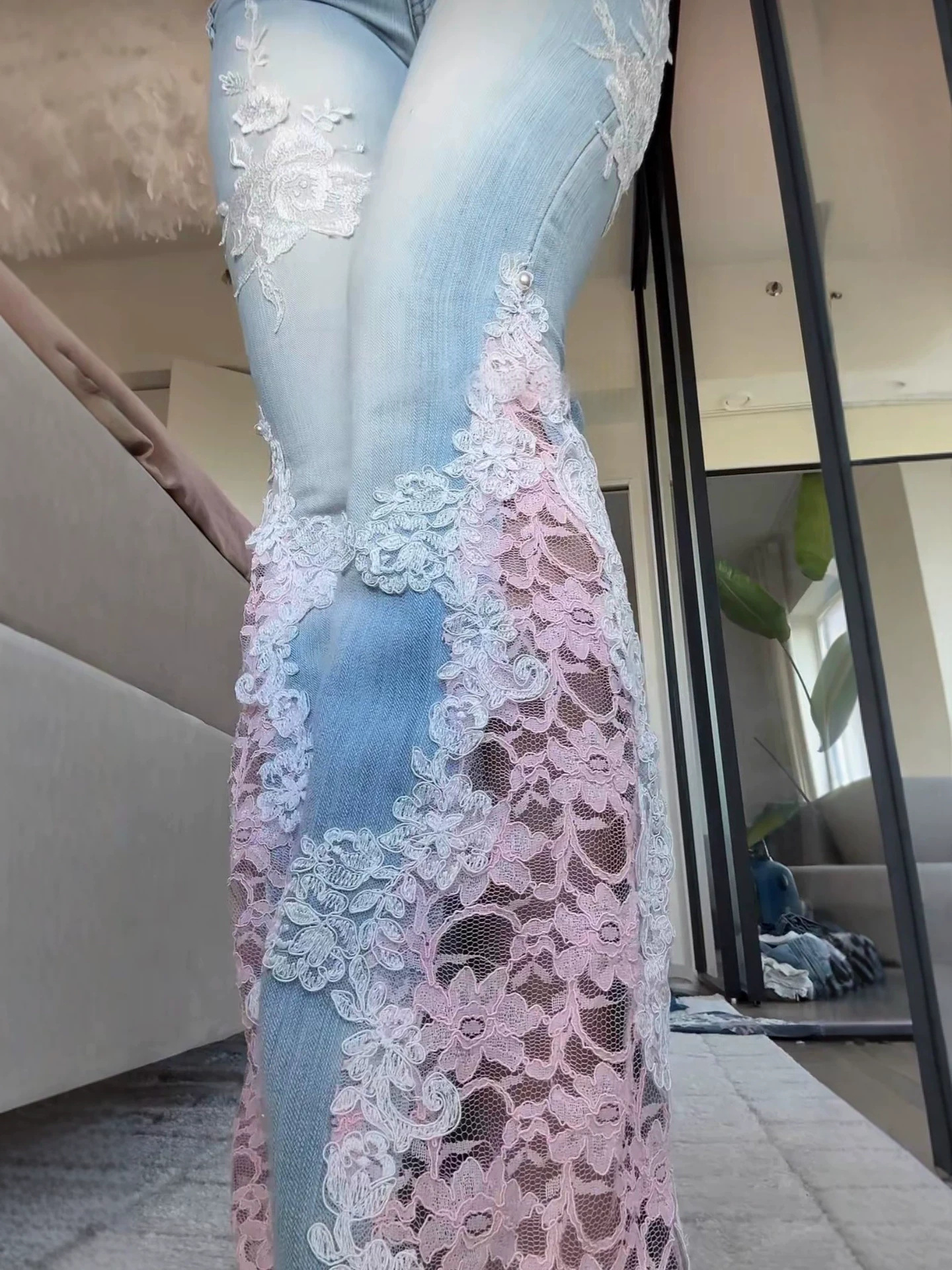 Lace-panelled Beaded Low-rise Flared Pants
