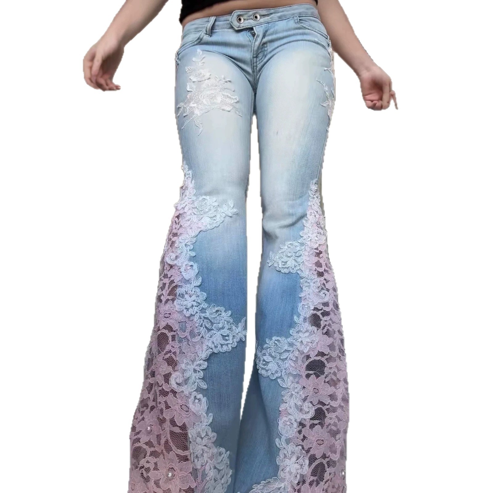 Lace-panelled Beaded Low-rise Flared Pants