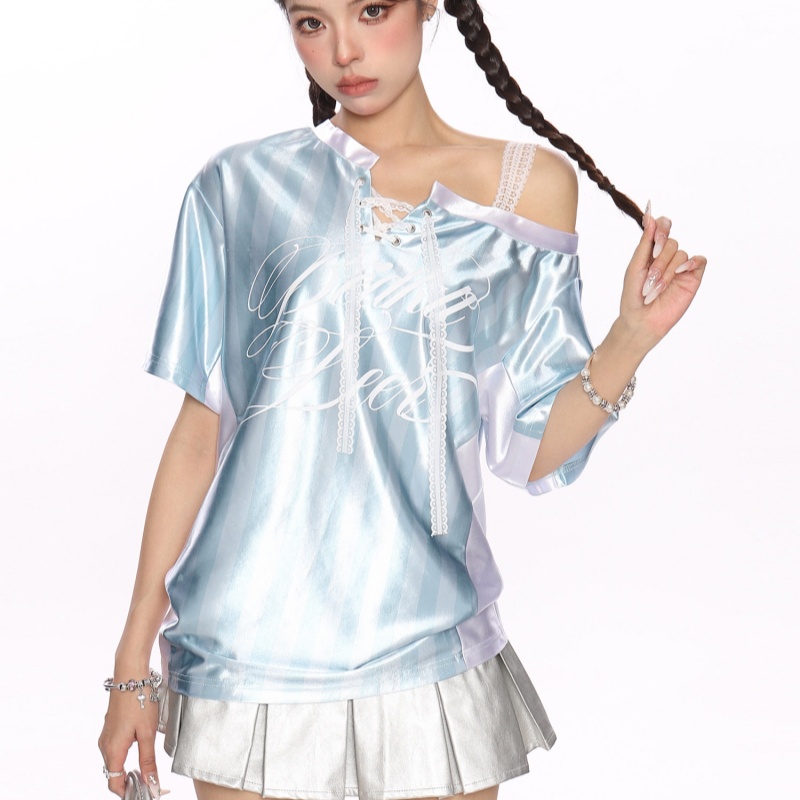 Lace-Panelled Striped Off-Shoulder Camisole With Short Sleeves