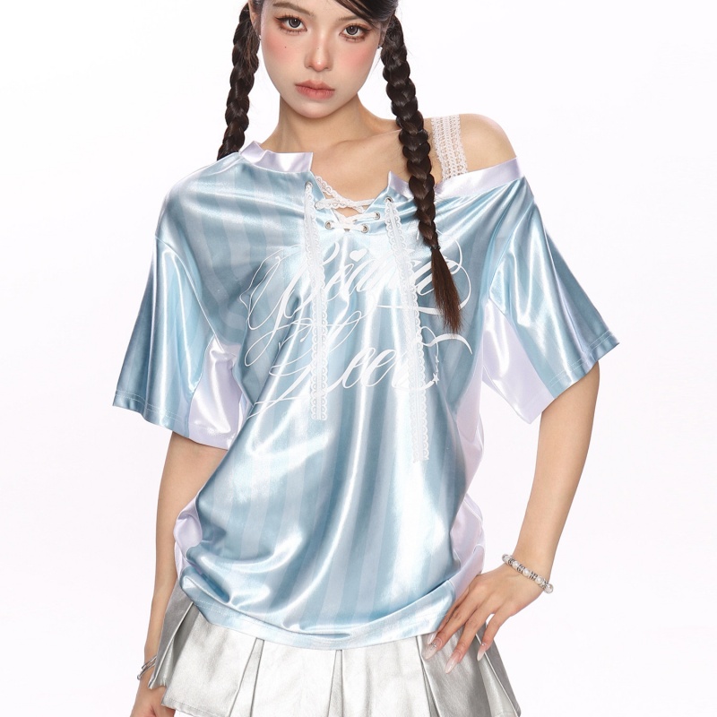 Lace-Panelled Striped Off-Shoulder Camisole With Short Sleeves