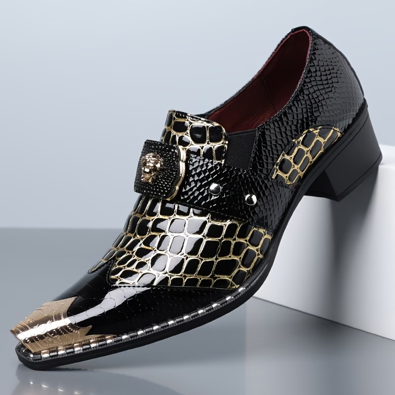 Large Size Men's Leather Shoes With Crocodile Pattern, Metal Pointed Toe, Chunky Heel