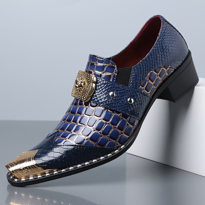 Large Size Men's Leather Shoes With Crocodile Pattern, Metal Pointed Toe, Chunky Heel