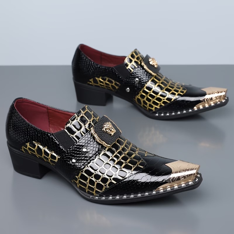 Large Size Men's Leather Shoes With Crocodile Pattern, Metal Pointed Toe, Chunky Heel