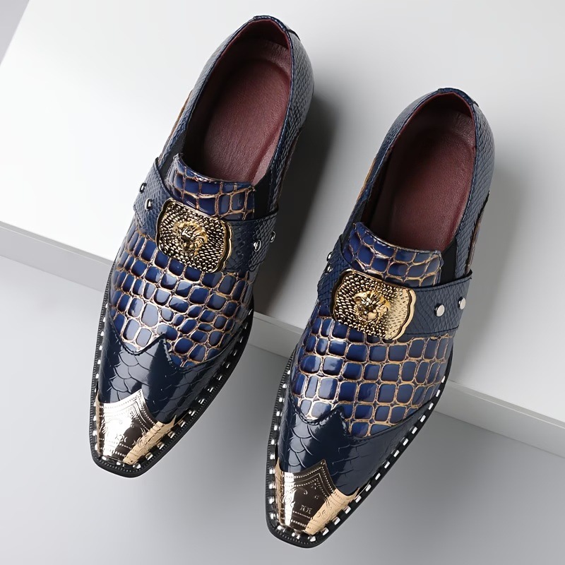 Large Size Men's Leather Shoes With Crocodile Pattern, Metal Pointed Toe, Chunky Heel