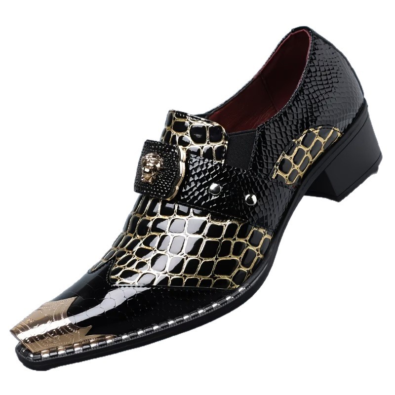 Large Size Men's Leather Shoes With Crocodile Pattern, Metal Pointed Toe, Chunky Heel