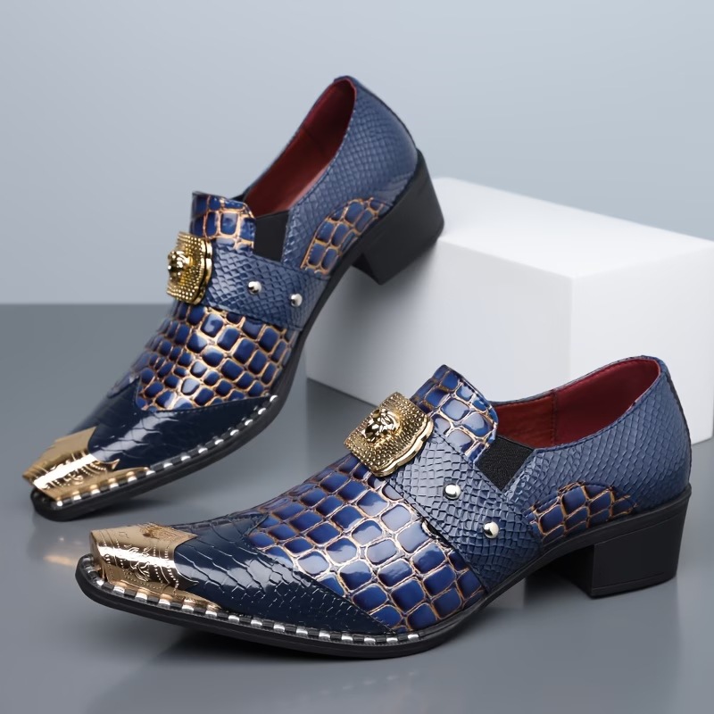Large Size Men's Leather Shoes With Crocodile Pattern, Metal Pointed Toe, Chunky Heel
