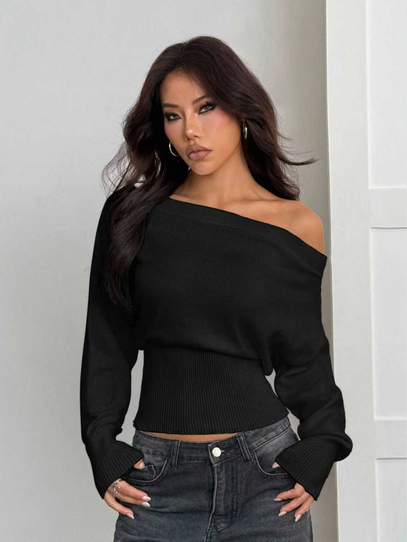 Lazy Style Loose Off-Shoulder Design Knitted Top Women's Autumn And Winter New High-Waist