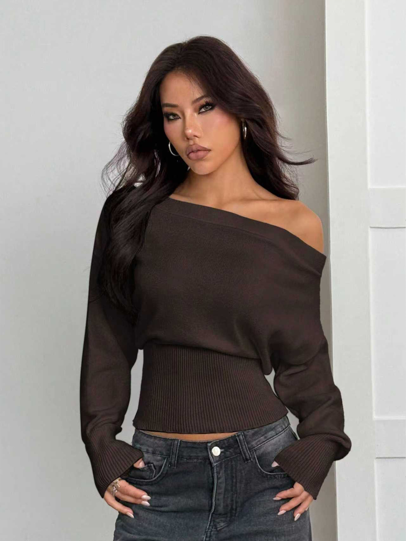 Lazy Style Loose Off-Shoulder Design Knitted Top Women's Autumn And Winter New High-Waist