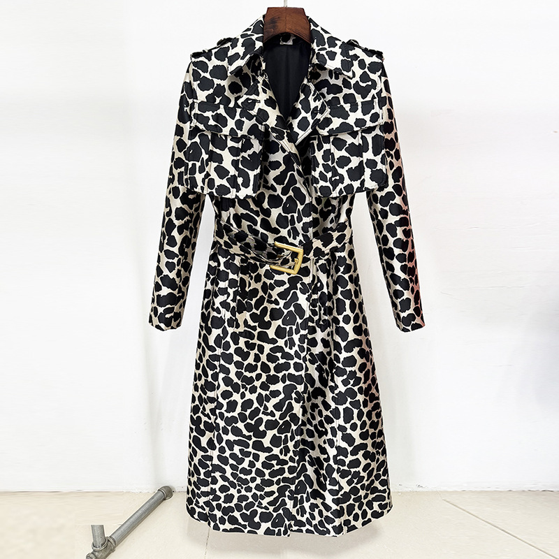 Leopard Pattern Jacquard Belted Long Trench Coat